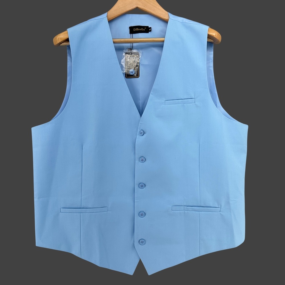 DiBanGu V-Neck Adjustable Cinch Back Button Front Waistcoat Vest Blue Mens XL